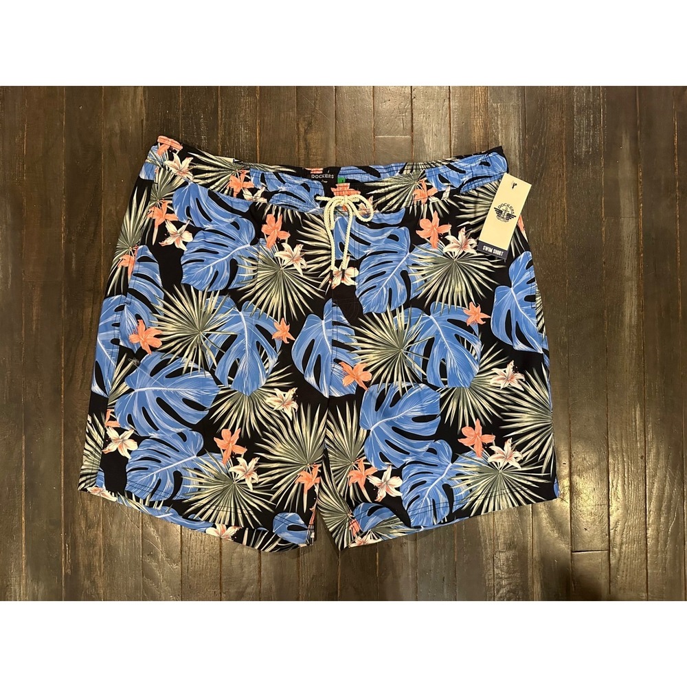 Dockers Mens Swim Shorts Blue Tropical Floral Monstera Palm Trunks 9 Inch Inseam